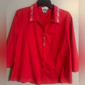Isaac's Designs Large Red Embellished Rhinestone 3/4 sleeve button up blouse
